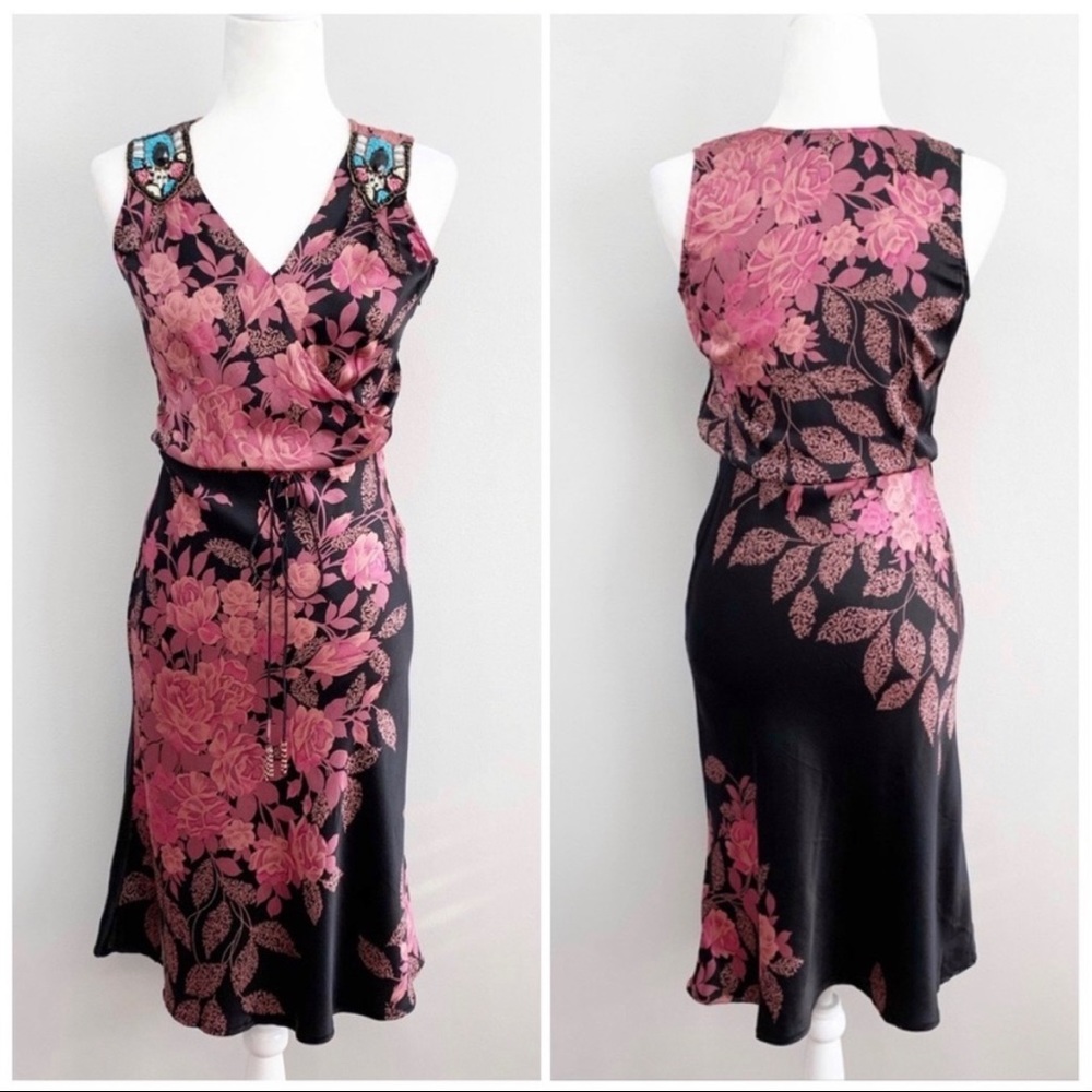 Plenty Silk Floral Beaded Shoulder MidiDress Sz 4